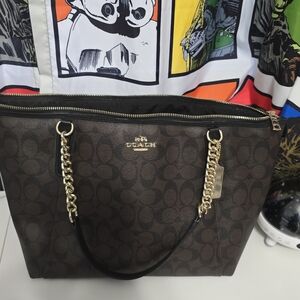 Coach Signature Brown Tote with Gold Chain